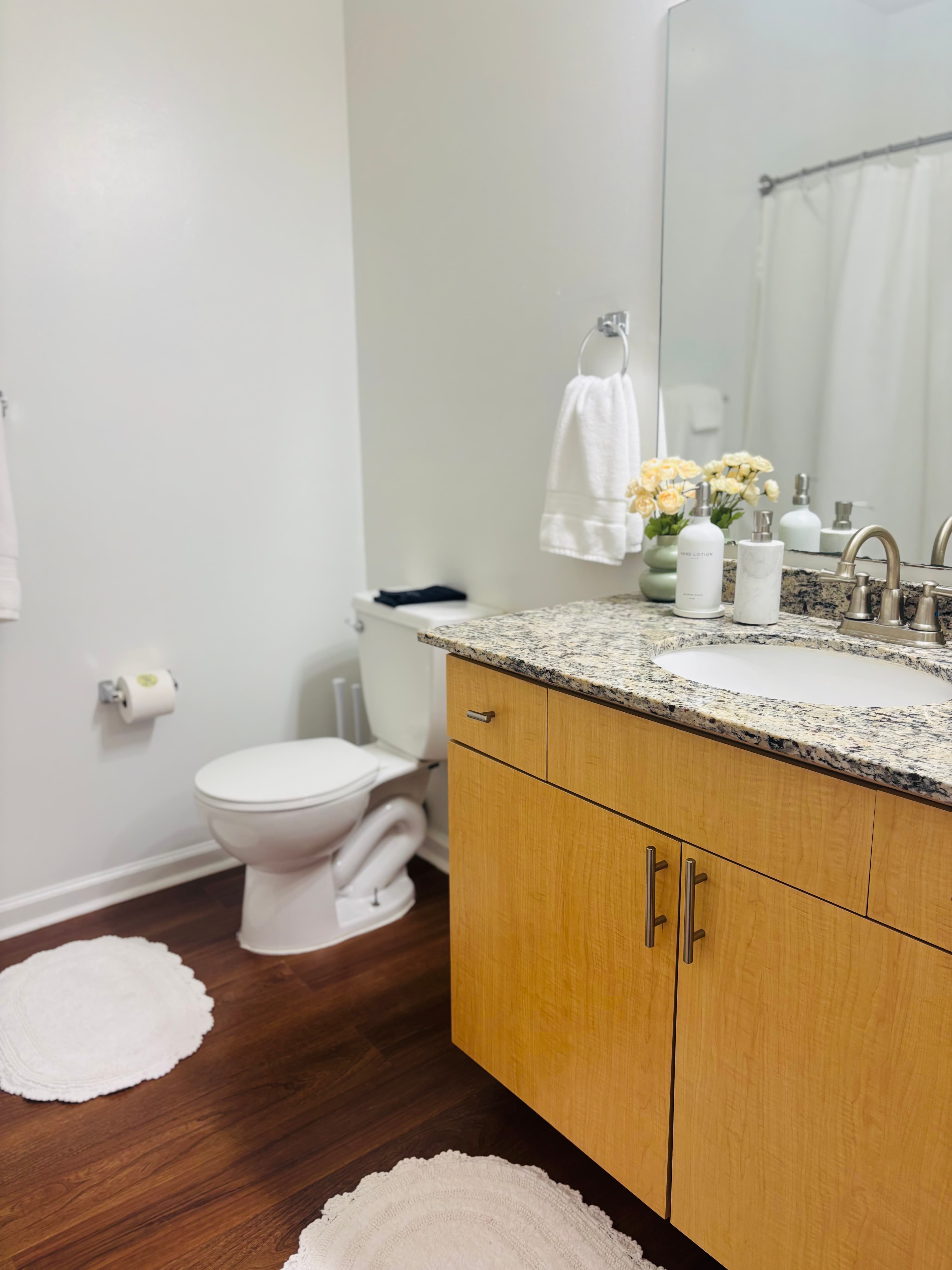A modern bathroom featuring a toilet, granite countertop, and decorative towels.