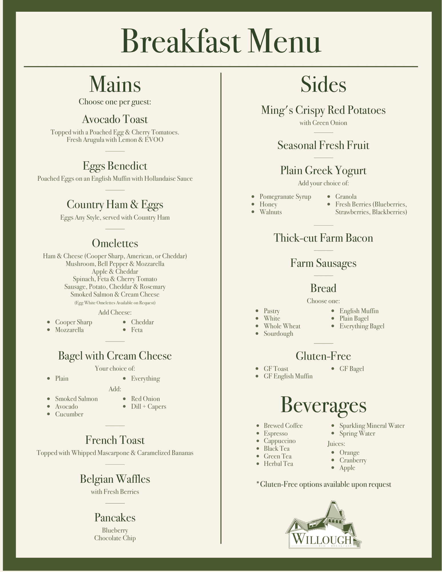 Breakfast menu featuring a variety of mains, sides, gluten-free options, and beverages.